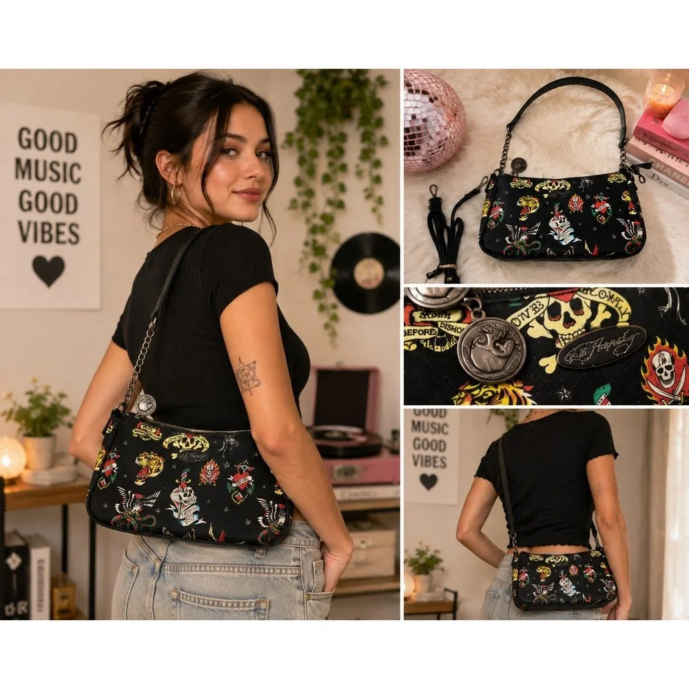 Ed Hardy Black Shoulder Crossbody Bag with Charms Love Kills Slowly Skull Tattoo